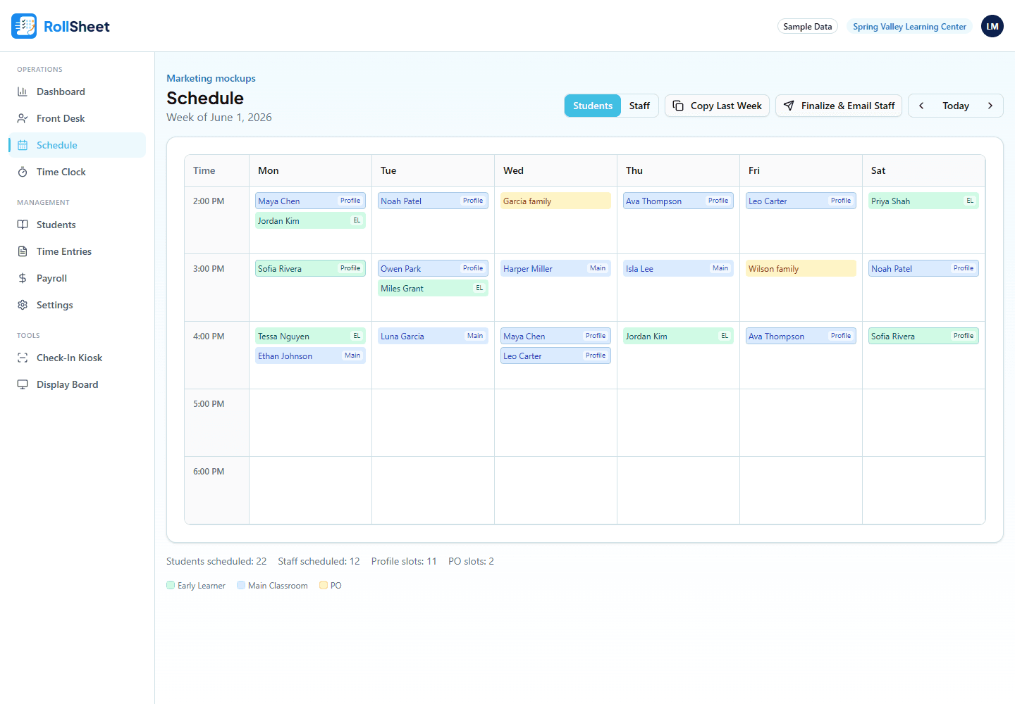 Weekly schedule with student slots, Profile slots from typical schedules and PO slots (sample data)