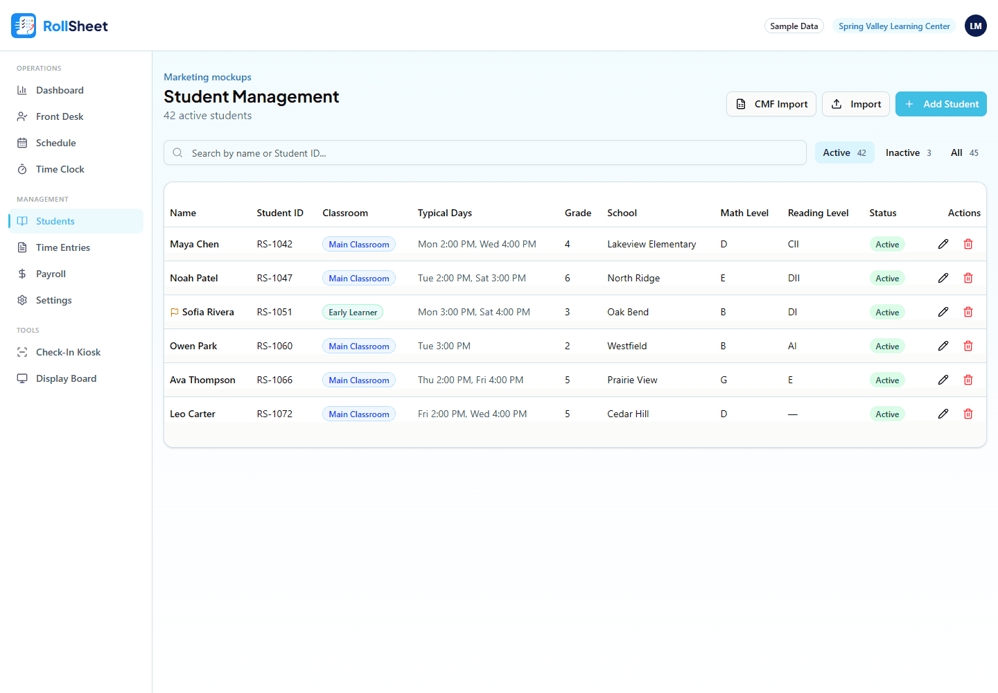 Student Management page with the Active, Inactive and All filter and a pencil and red trash icon on each row (sample data)