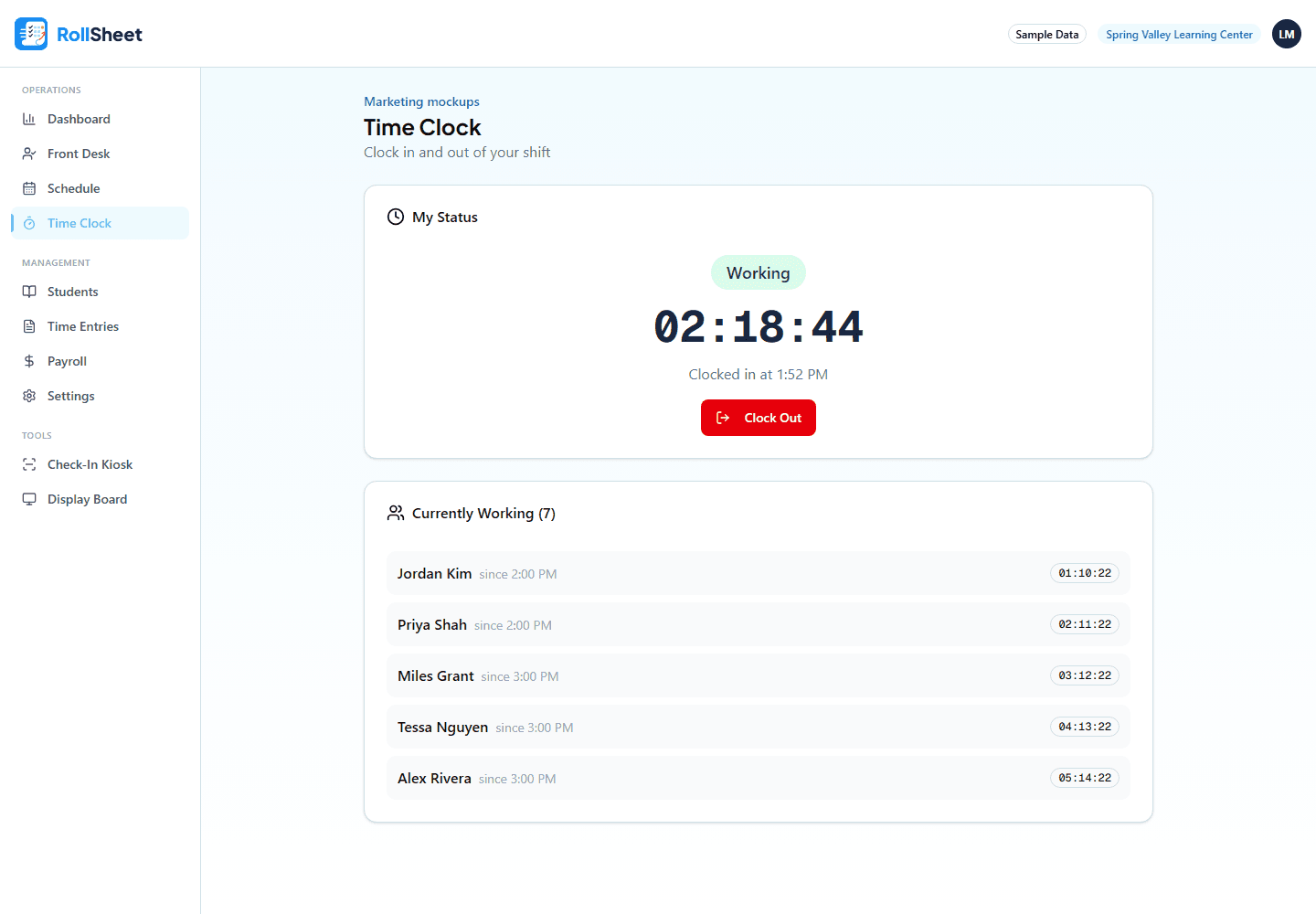 Time Clock page showing a running shift timer, the Clock Out button and the Currently Working list (sample data)