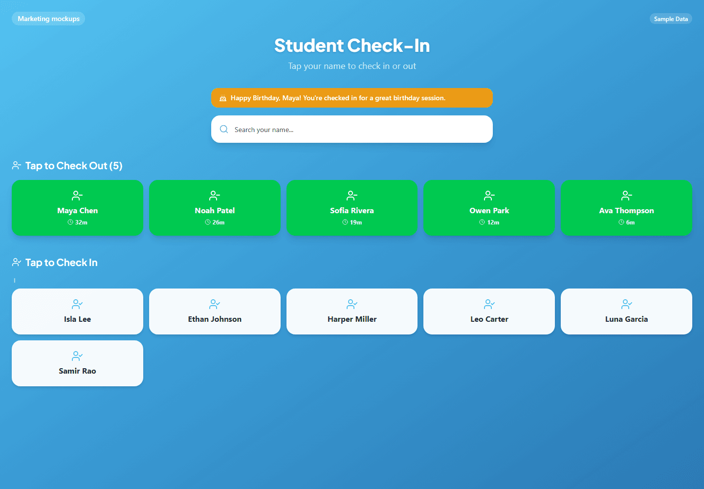 Student Check-In kiosk with name tiles grouped by letter (sample data)